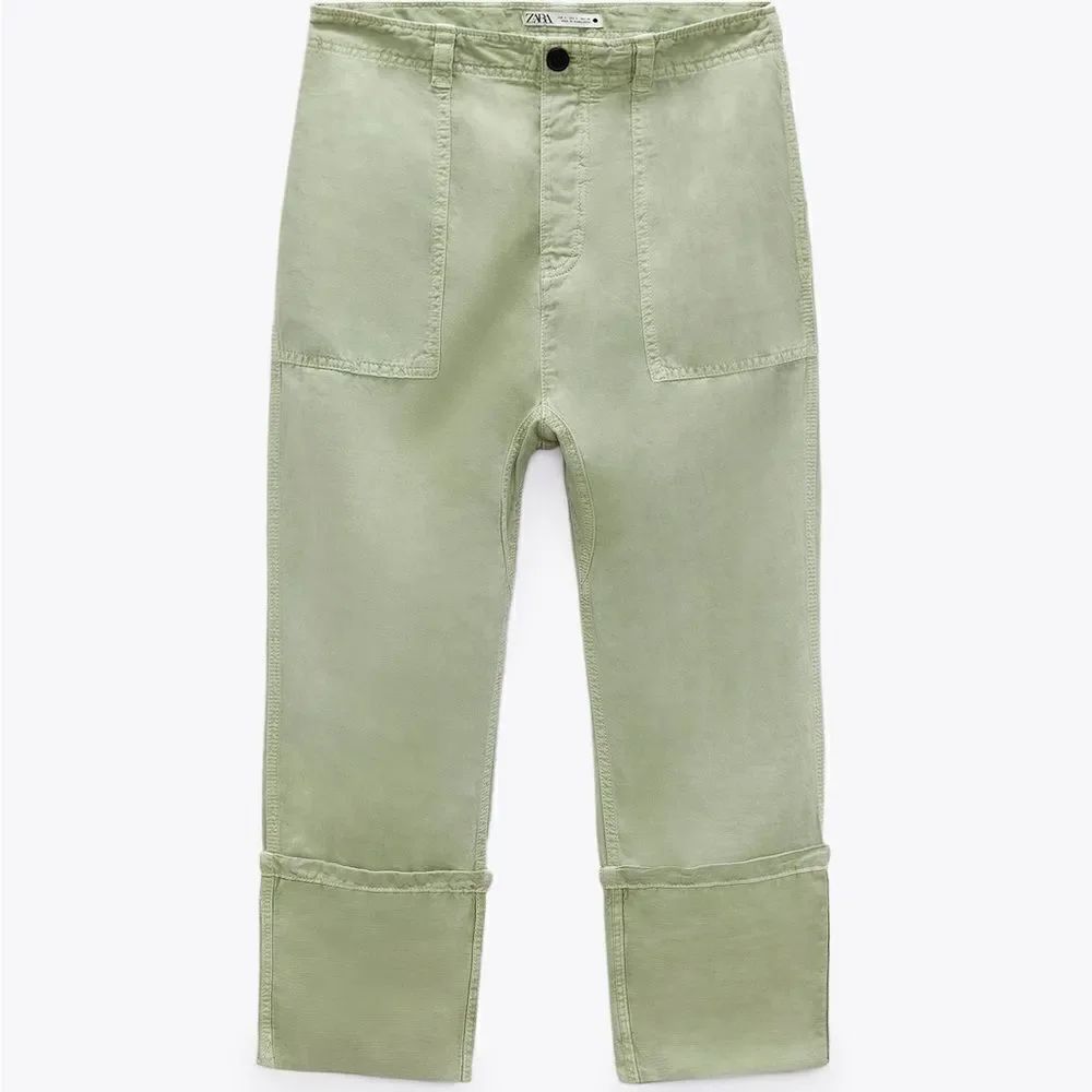 Zara LINEN BLEND TURNED UP CUFF PANTS